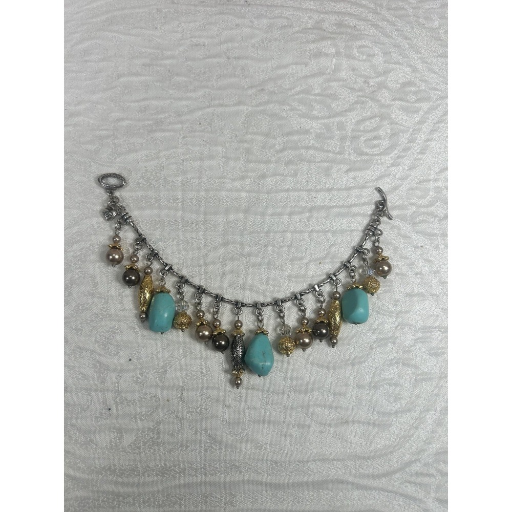 Brighton Signed Faux Turquoise & Pearl Dangle Charm Chain Bracelet Persianna